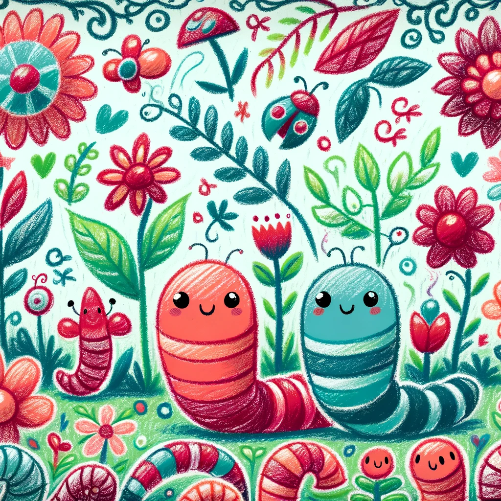 Teal and Red Crayon Drawing of Worms and Plants